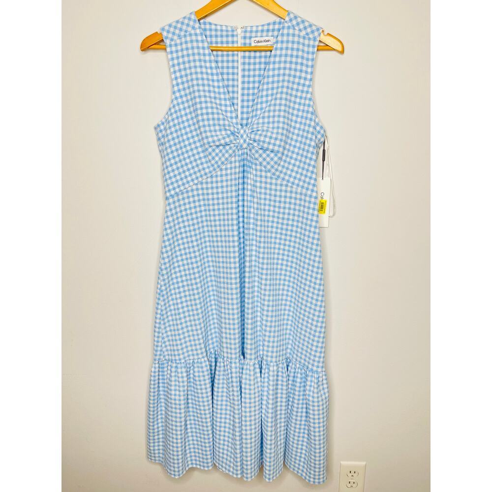 Calvin Klein Women’s Blue Gingham  Sleeveless Front Knot Midi Dress size 10 NWT - Picture 9 of 10